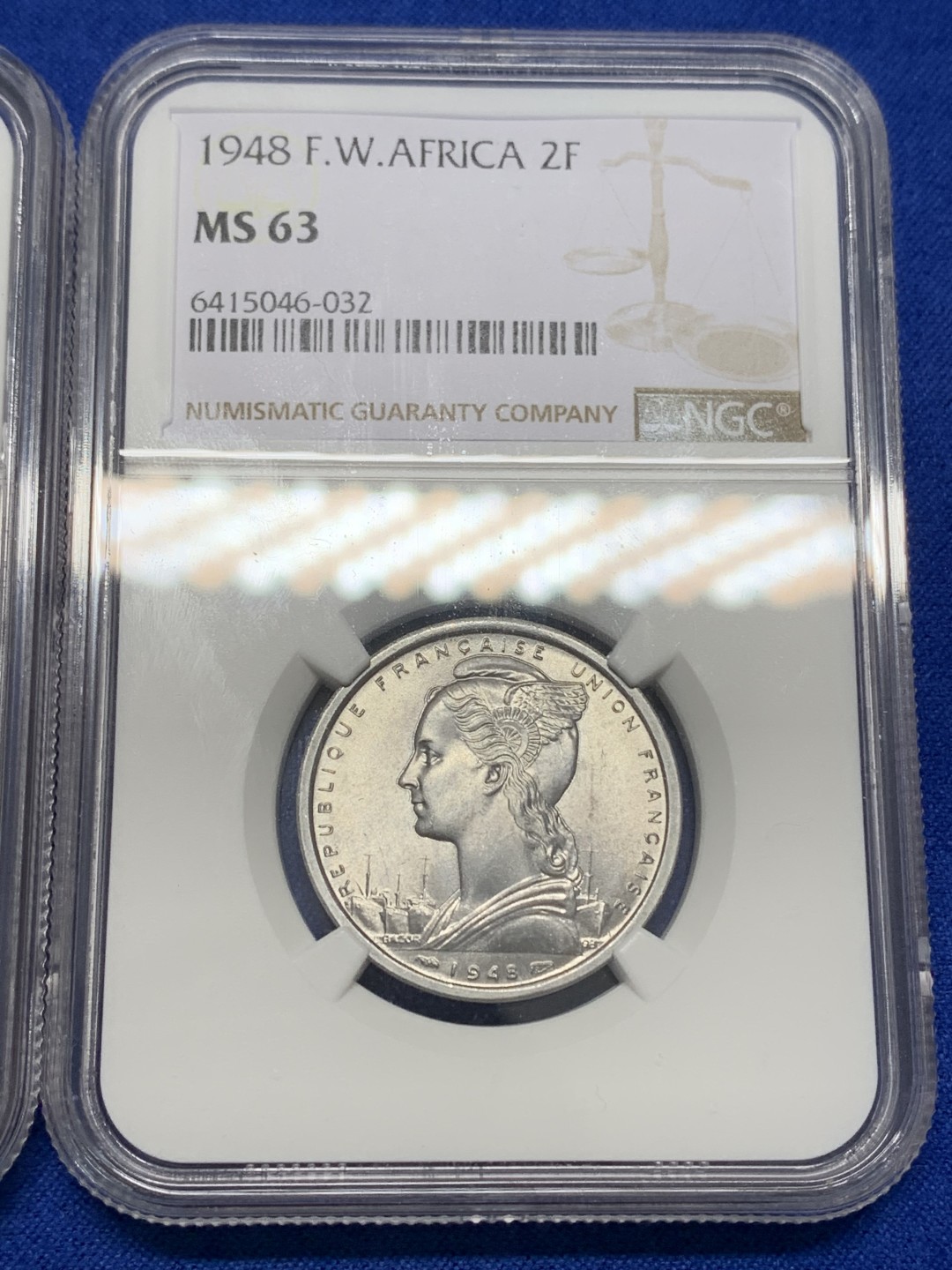 《竞宝斋》第150场-周日，周一，周四 3场 (全场包邮) NGC-MS63和NGC-MS65 法属西非1948年1法郎和2法郎1对，1法郎是亚军分，上面只有1枚66的