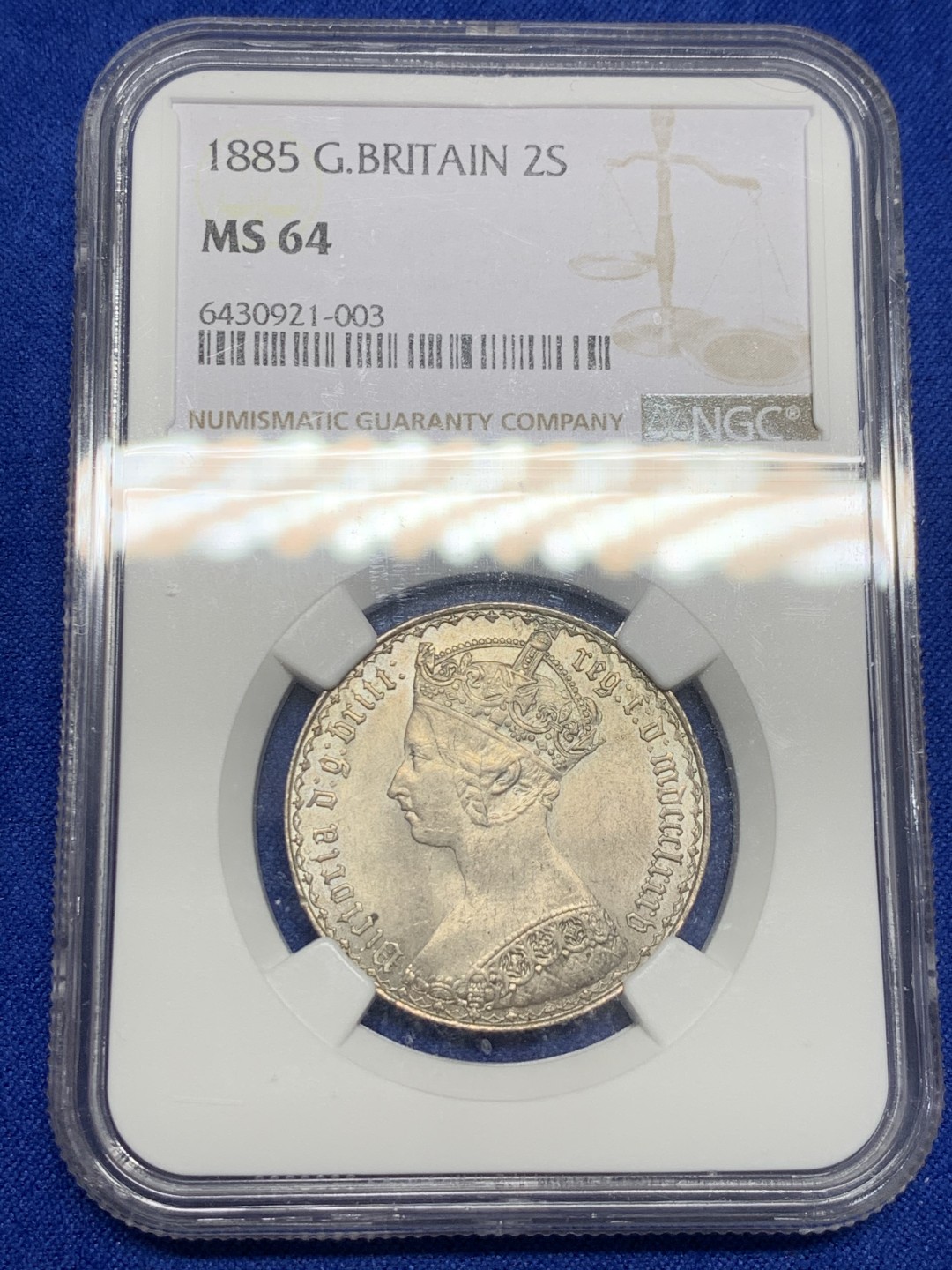 《竞宝斋》第150场-周日，周一，周四 3场 (全场包邮) NGC-MS64 英国 1885年 哥特弗洛林 银币 原光强烈 英系热门上涨品种 高分可自藏