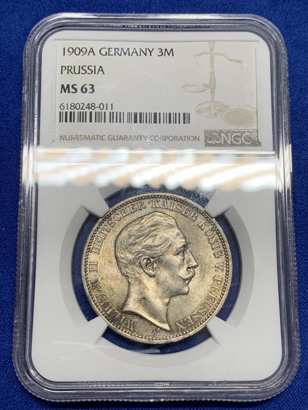 《竞宝斋》第150场-周日，周一，周四 3场 (全场包邮) NGC-MS63 德国 1909年 普鲁士威廉二世3马克银币，大头版。流通充分的版本 纸袋包浆 光度喜人