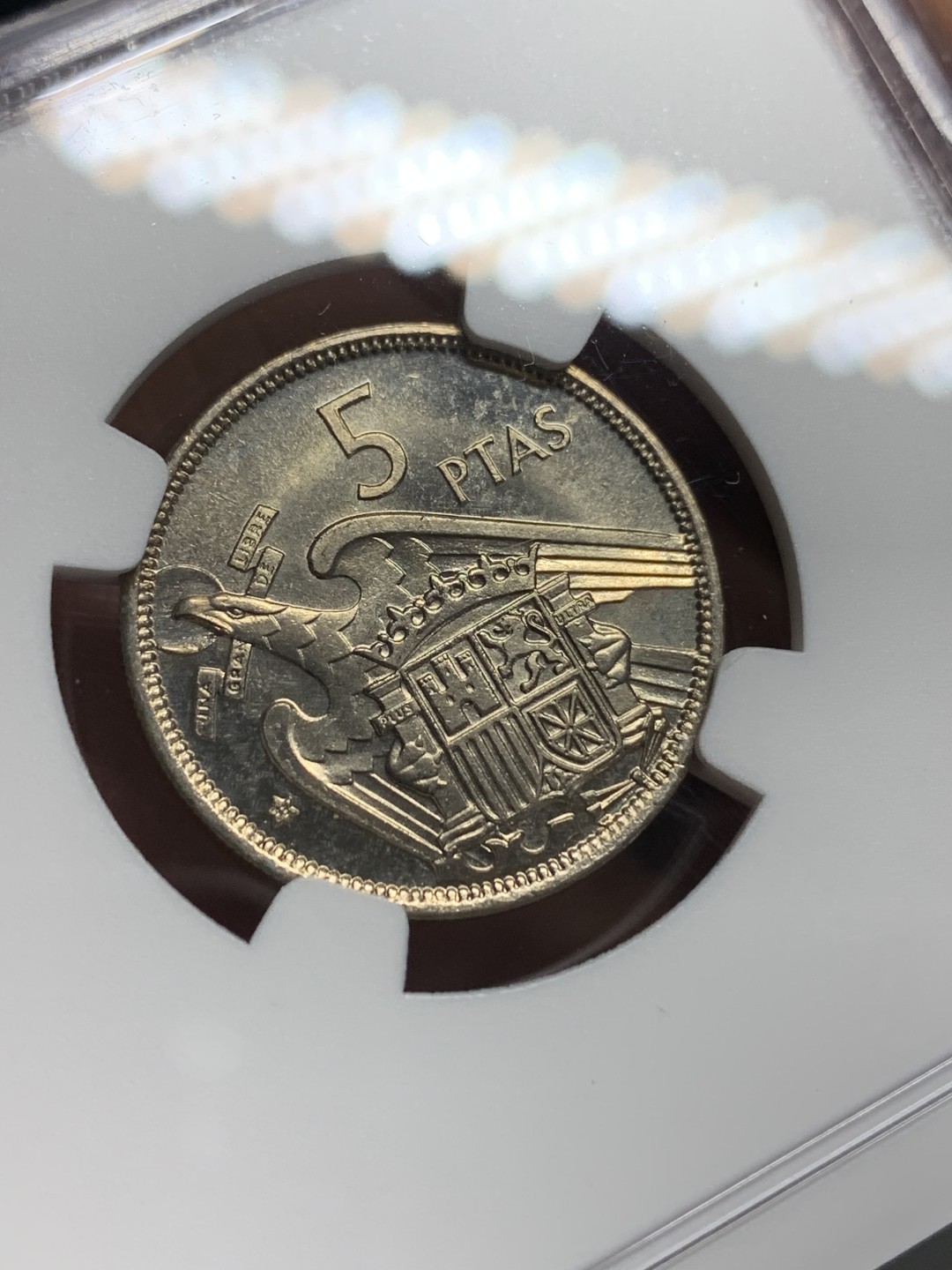 《竞宝斋》第150场-周日，周一，周四 3场 (全场包邮) NGC-MS64 西班牙1957年 佛朗哥5比塞塔 镍币