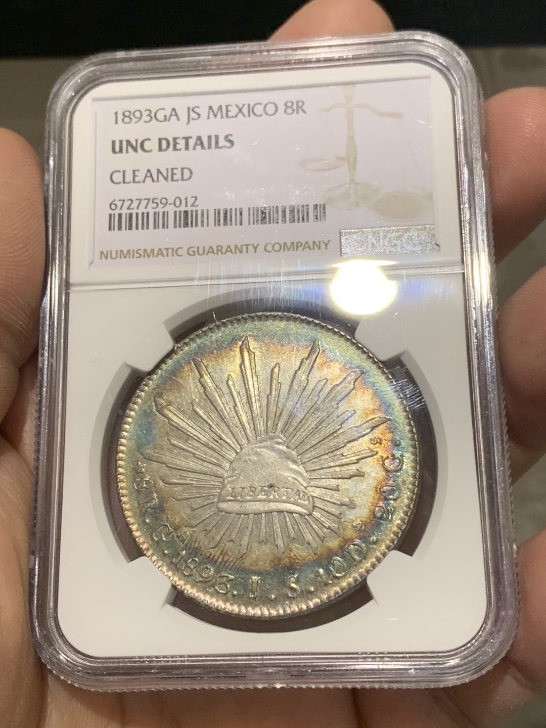 《竞宝斋》第150场-周日，周一，周四 3场 (全场包邮) NGC UNC 墨西哥 1893年 绚丽环彩 花边 鹰洋 太美