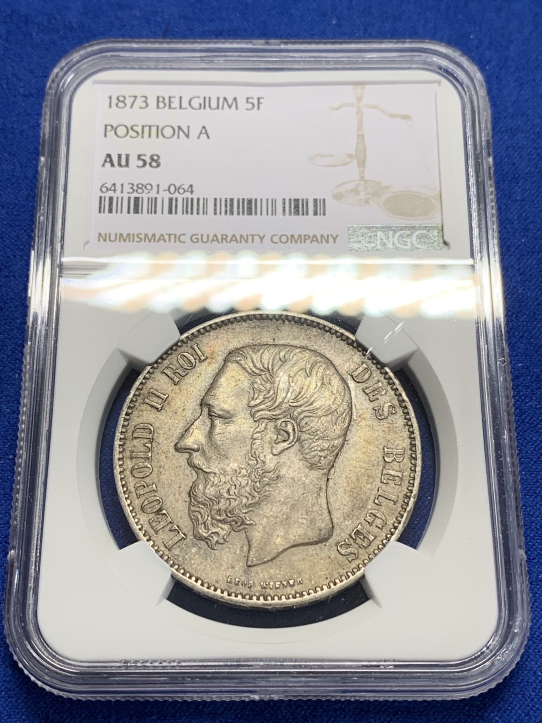 《竞宝斋》第150场-周日，周一，周四 3场 (全场包邮) NGC-AU58 比利时1873年 利奥波德二世 5法郎大银币 五彩包浆