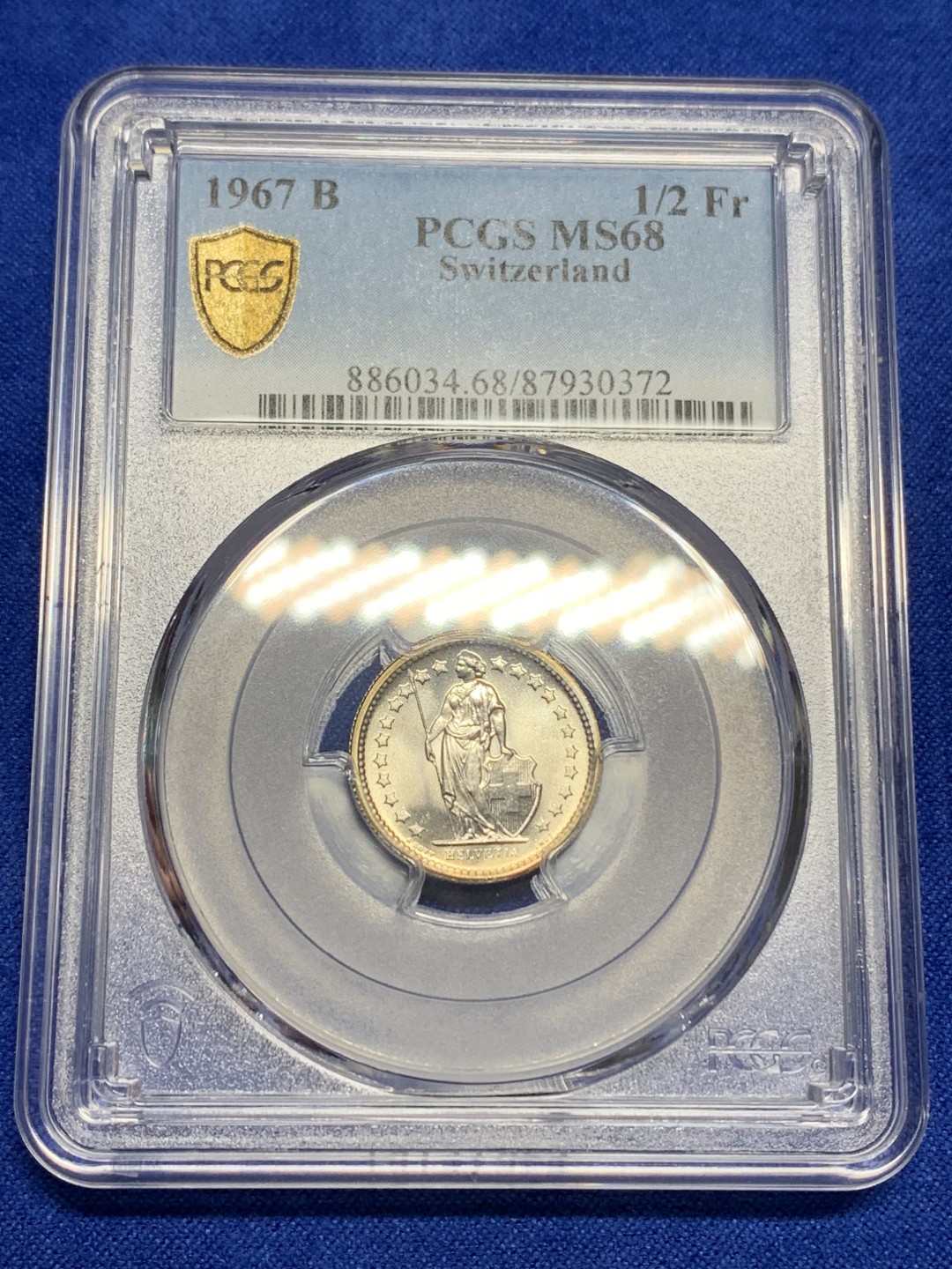 《竞宝斋》第150场-周日，周一，周四 3场 (全场包邮) PCGS MS68 1967年瑞士1/2法郎银币 极致分数 无敌品相 边缘黄油彩