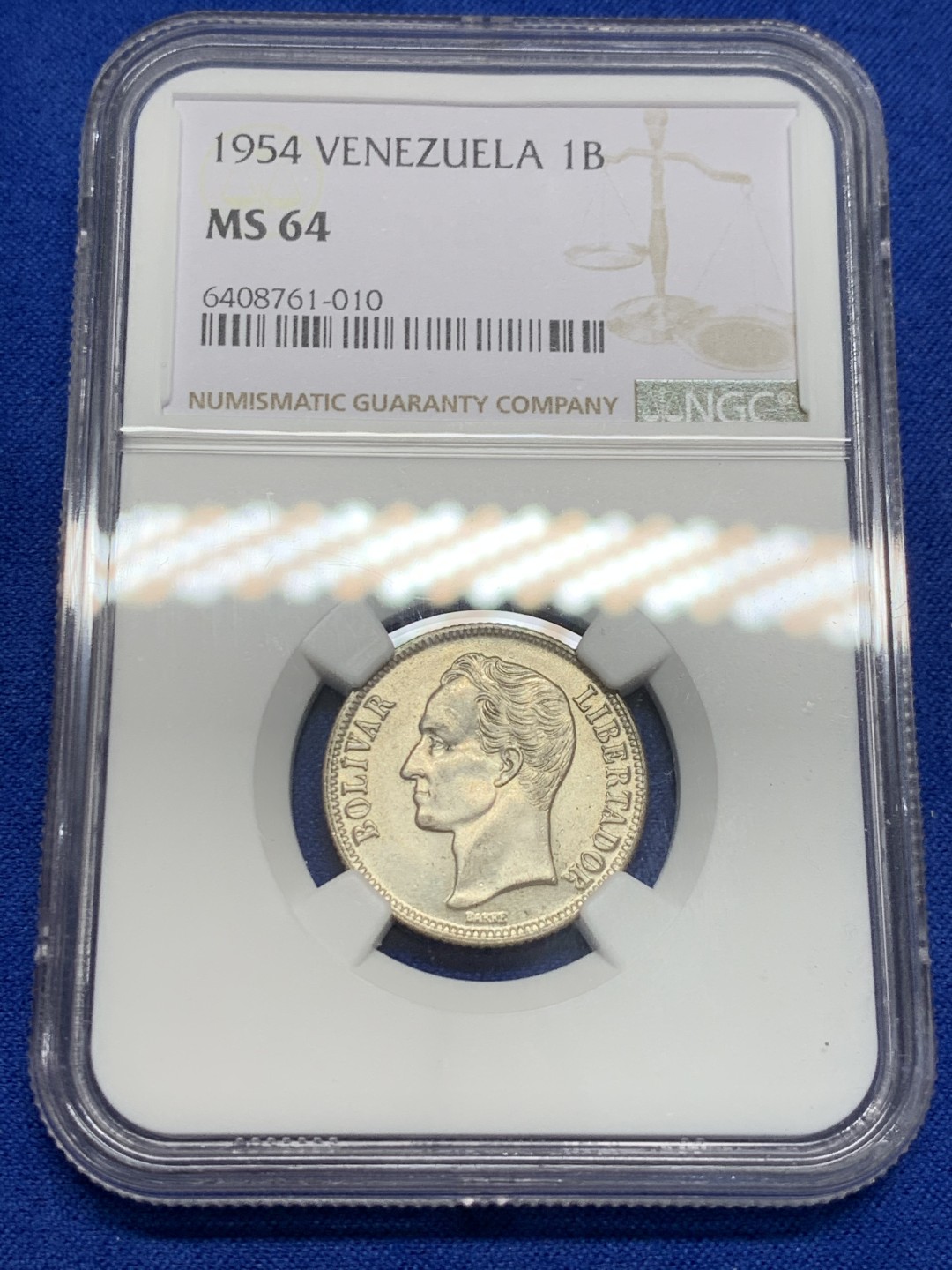 《竞宝斋》第150场-周日，周一，周四 3场 (全场包邮) NGC-MS64 委内瑞拉1954年 1玻利瓦尔银币 顶级品相