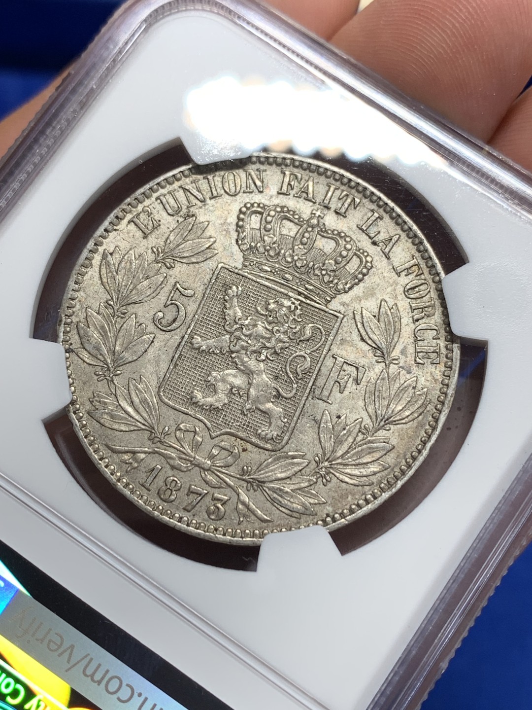 《竞宝斋》第150场-周日，周一，周四 3场 (全场包邮) NGC-AU58 比利时1873年 利奥波德二世 5法郎大银币 五彩包浆