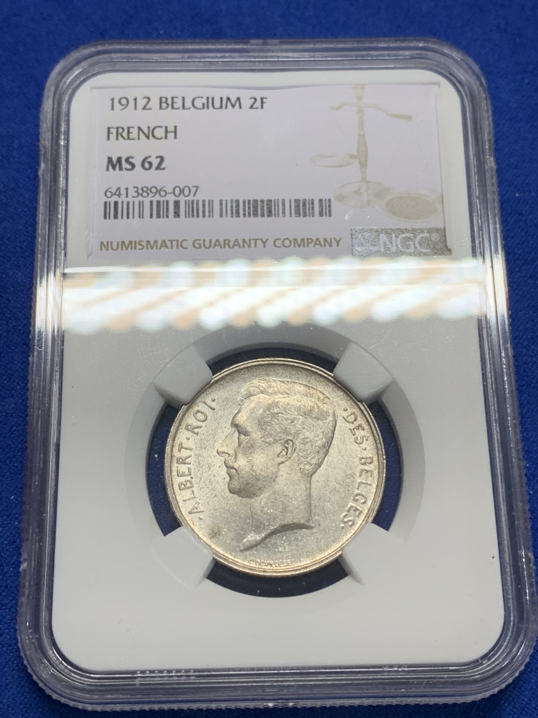 《竞宝斋》第150场-周日，周一，周四 3场 (全场包邮) NGC-MS62 比利时1912年 阿尔贝托2法郎银币 原光好品