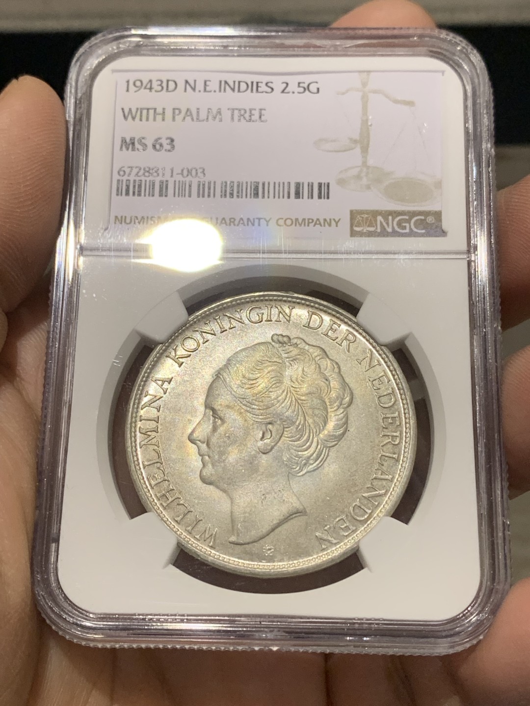 《竞宝斋》第150场-周日，周一，周四 3场 (全场包邮) NGC-MS63 荷属东印度 1943年 威廉米娜女王 2.5大银币 殖民地系列