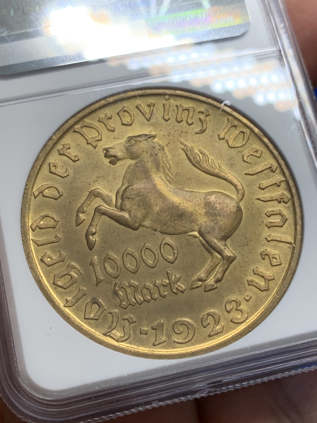 《竞宝斋》第150场-周日，周一，周四 3场 (全场包邮) NGC-MS64 德国紧急状态时期威斯特伐利亚大马币 1923年 10000马克 德紧币中的名誉品状态一流