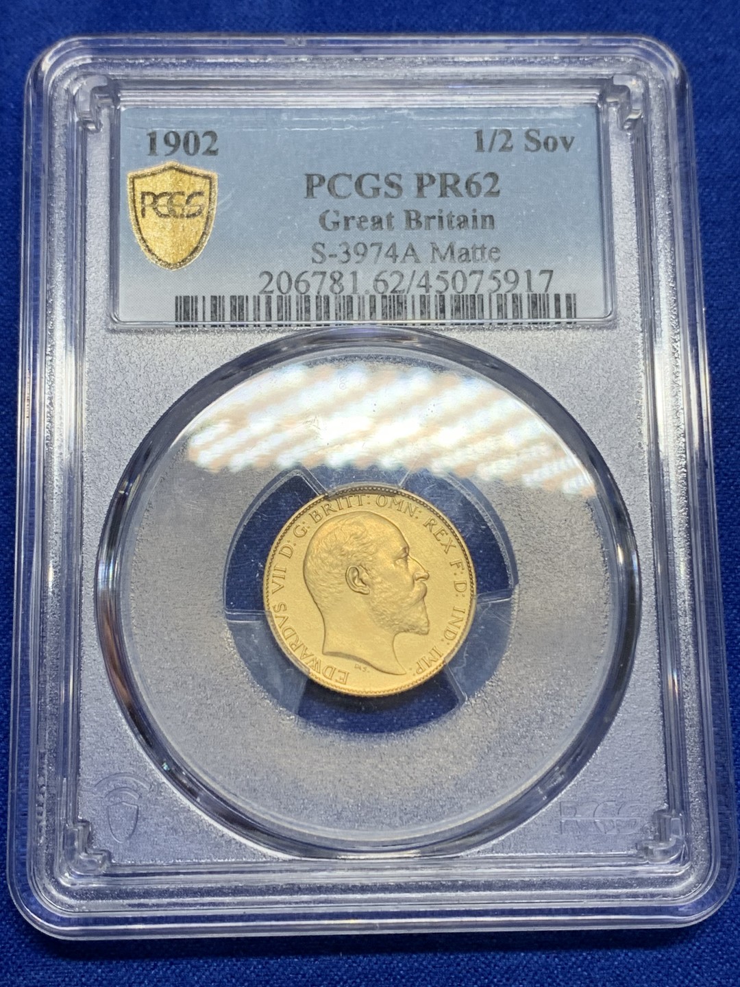 《竞宝斋》第150场-周日，周一，周四 3场 (全场包邮) PCGS-PR62matte 1902年 爱德华七世 半索维林 马剑金币 还是精制的好，看着舒服