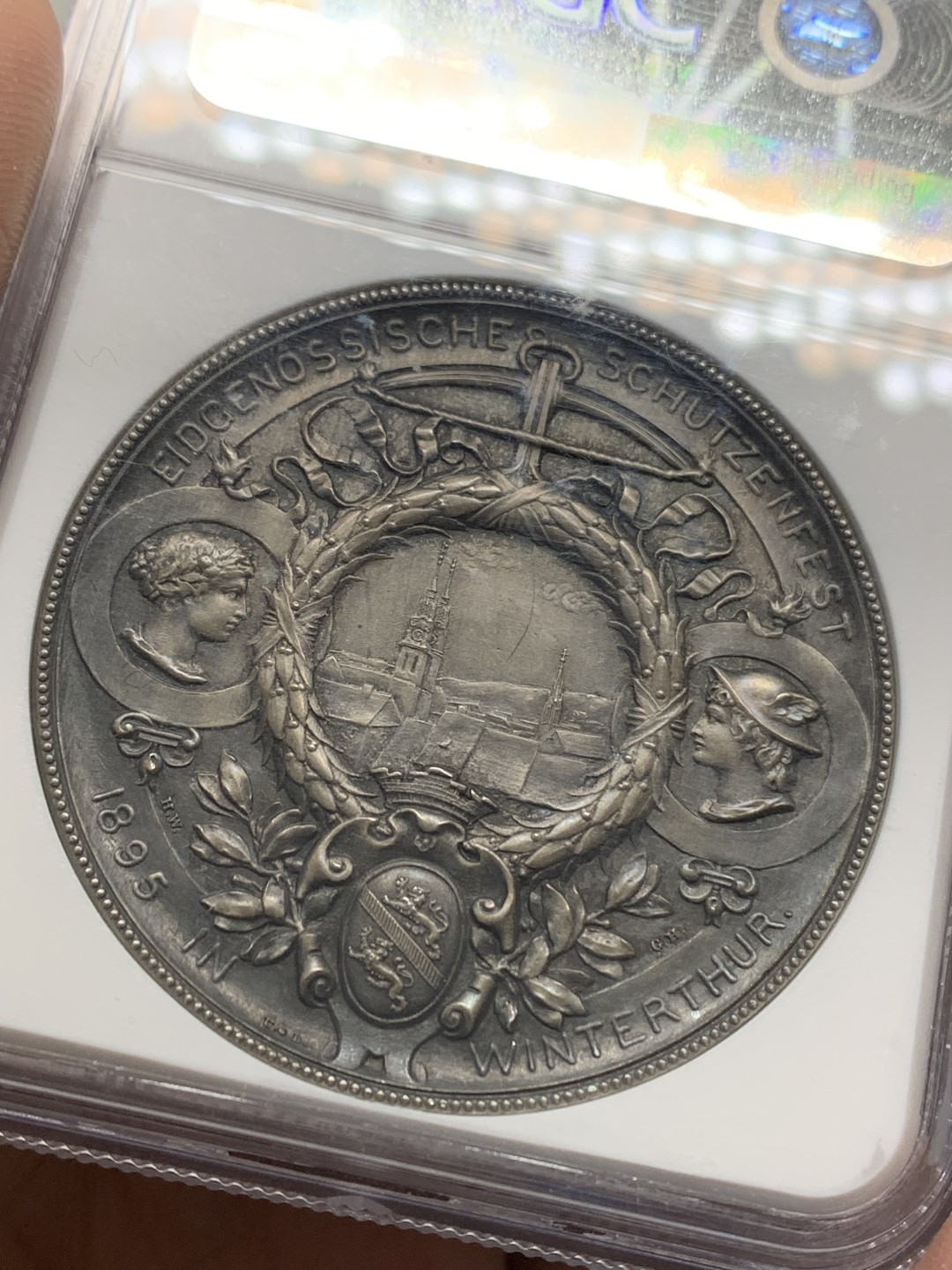 《竞宝斋》第150场-周日，周一，周四 3场 (全场包邮) NGC-MS62 瑞士 1895年 苏黎世女神拿花射击章 大银章