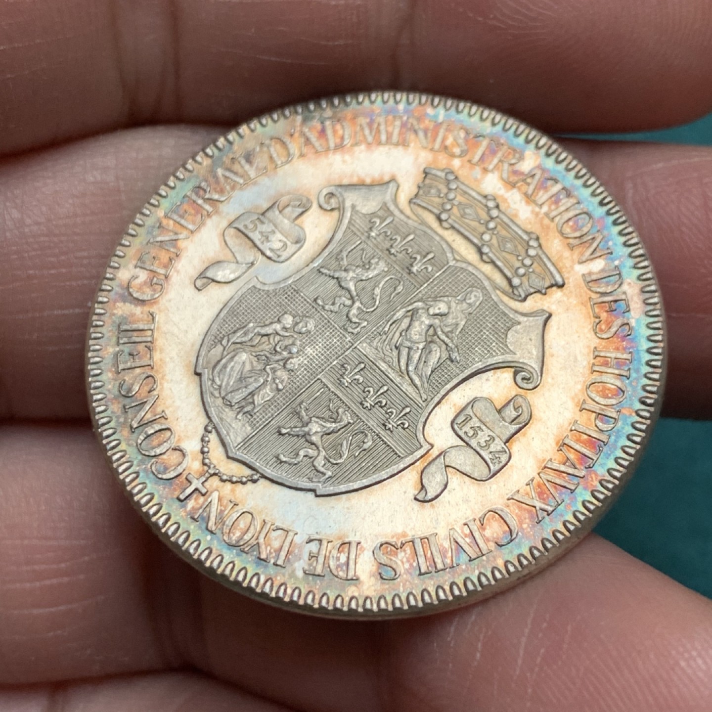 《竞宝斋》第150场-周日，周一，周四 3场 (全场包邮) 法国 1880年里昂医院纪念希尔德贝尔特夫妇 银质代用币（好品） 边铭：蜜蜂➕银标 重量：16.1gr 直径：35mm