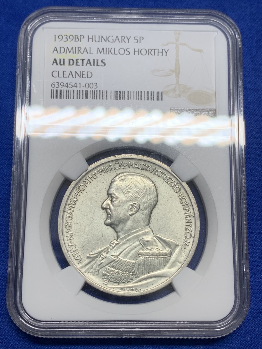 《竞宝斋》第150场-周日，周一，周四 3场 (全场包邮) NGC-AU 1939A匈牙利海军上将霍尔蒂5潘果银币，上涨品种