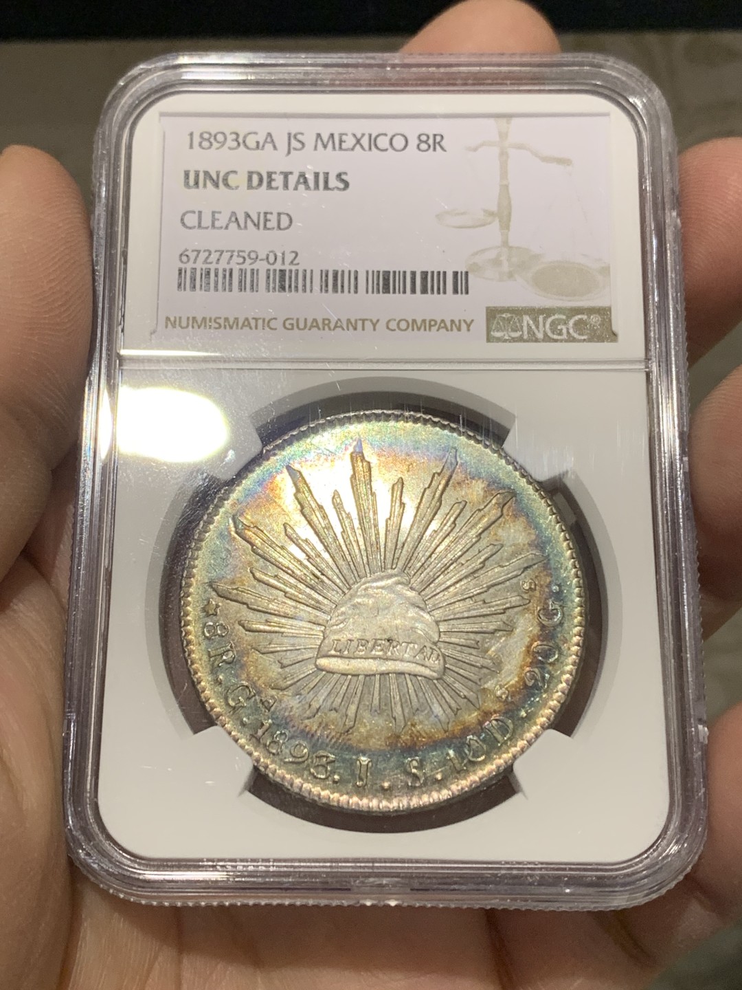 《竞宝斋》第150场-周日，周一，周四 3场 (全场包邮) NGC UNC 墨西哥 1893年 绚丽环彩 花边 鹰洋 太美