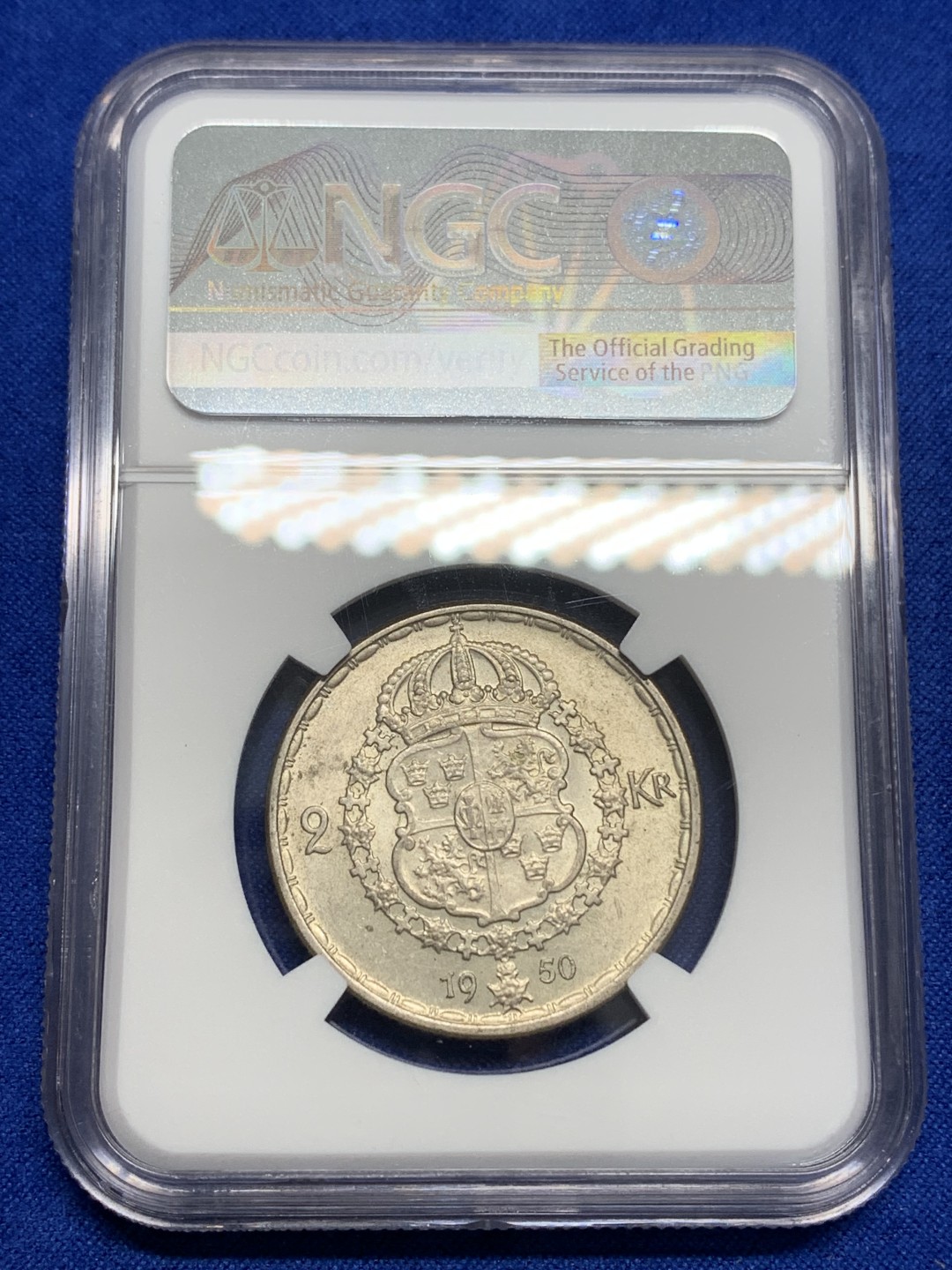 《竞宝斋》第150场-周日，周一，周四 3场 (全场包邮) NGC MS63 1950年瑞典古斯塔夫五世2克朗银币，在世最后一年，关门币