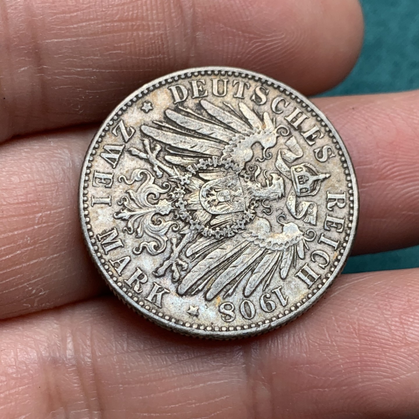 《竞宝斋》第150场-周日，周一，周四 3场 (全场包邮) 德国 1908 萨克森 奥古斯特 2马克 银币 包浆好