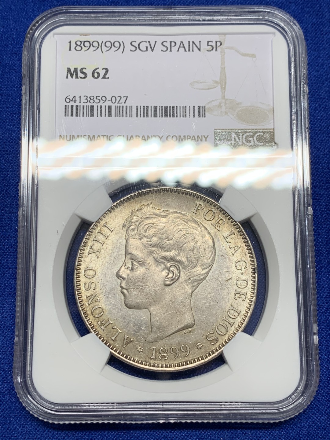 《竞宝斋》第150场-周日，周一，周四 3场 (全场包邮) NGC-MS62 西班牙1899年 阿方索十三世 5比塞塔双柱大银币 顶级品相 带光