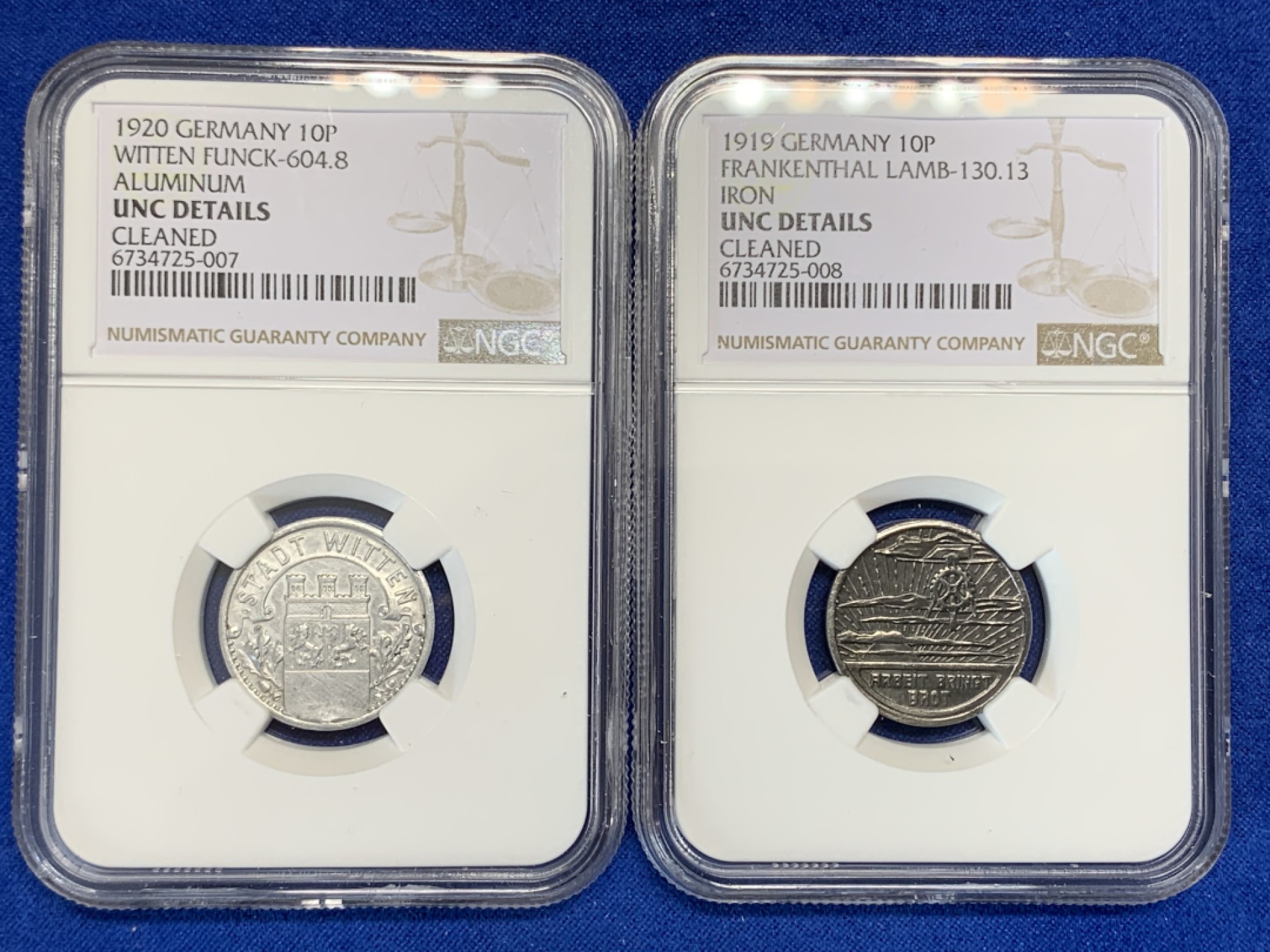 《竞宝斋》第150场-周日，周一，周四 3场 (全场包邮) NGC-UNC 德国 德紧两枚 1920年维滕铝币10芬尼+1919年弗兰肯塔尔铁币10芬尼，严评无明显瑕疵，设计端庄典雅+主义的碰撞