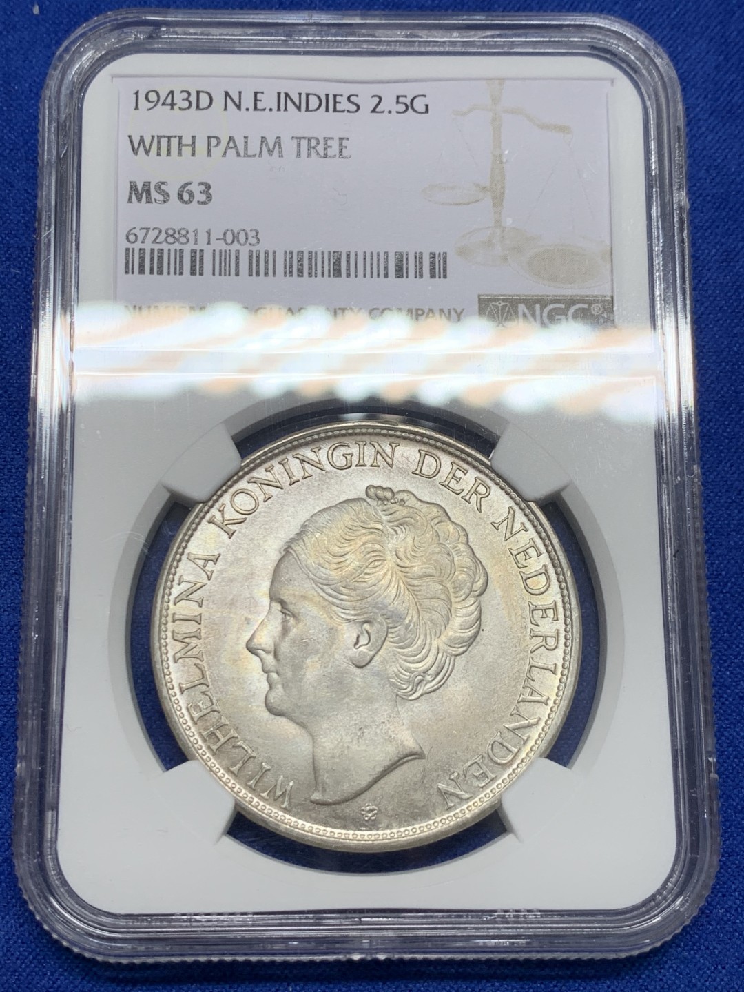 《竞宝斋》第150场-周日，周一，周四 3场 (全场包邮) NGC-MS63 荷属东印度 1943年 威廉米娜女王 2.5大银币 殖民地系列