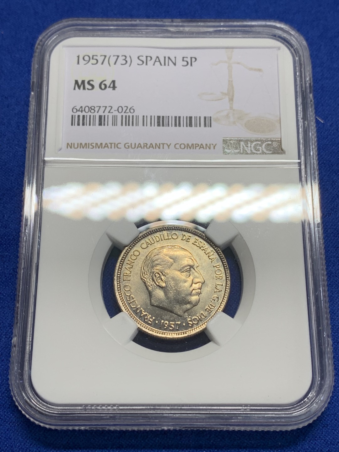 《竞宝斋》第150场-周日，周一，周四 3场 (全场包邮) NGC-MS64 西班牙1957年 佛朗哥5比塞塔 镍币