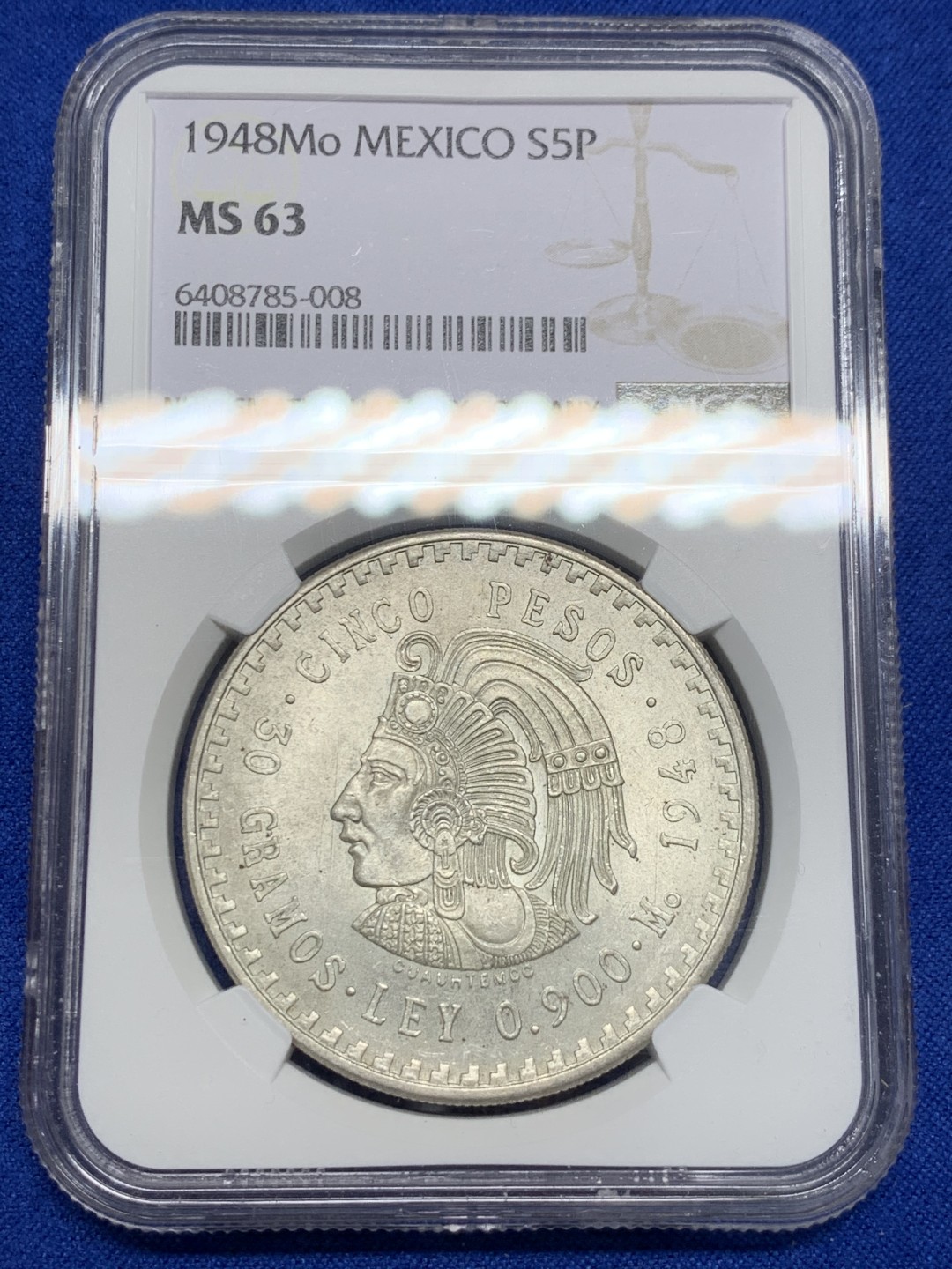 《竞宝斋》第150场-周日，周一，周四 3场 (全场包邮) NGC-MS63 墨西哥1948年 印第安人头像5比索大银币 原光好品