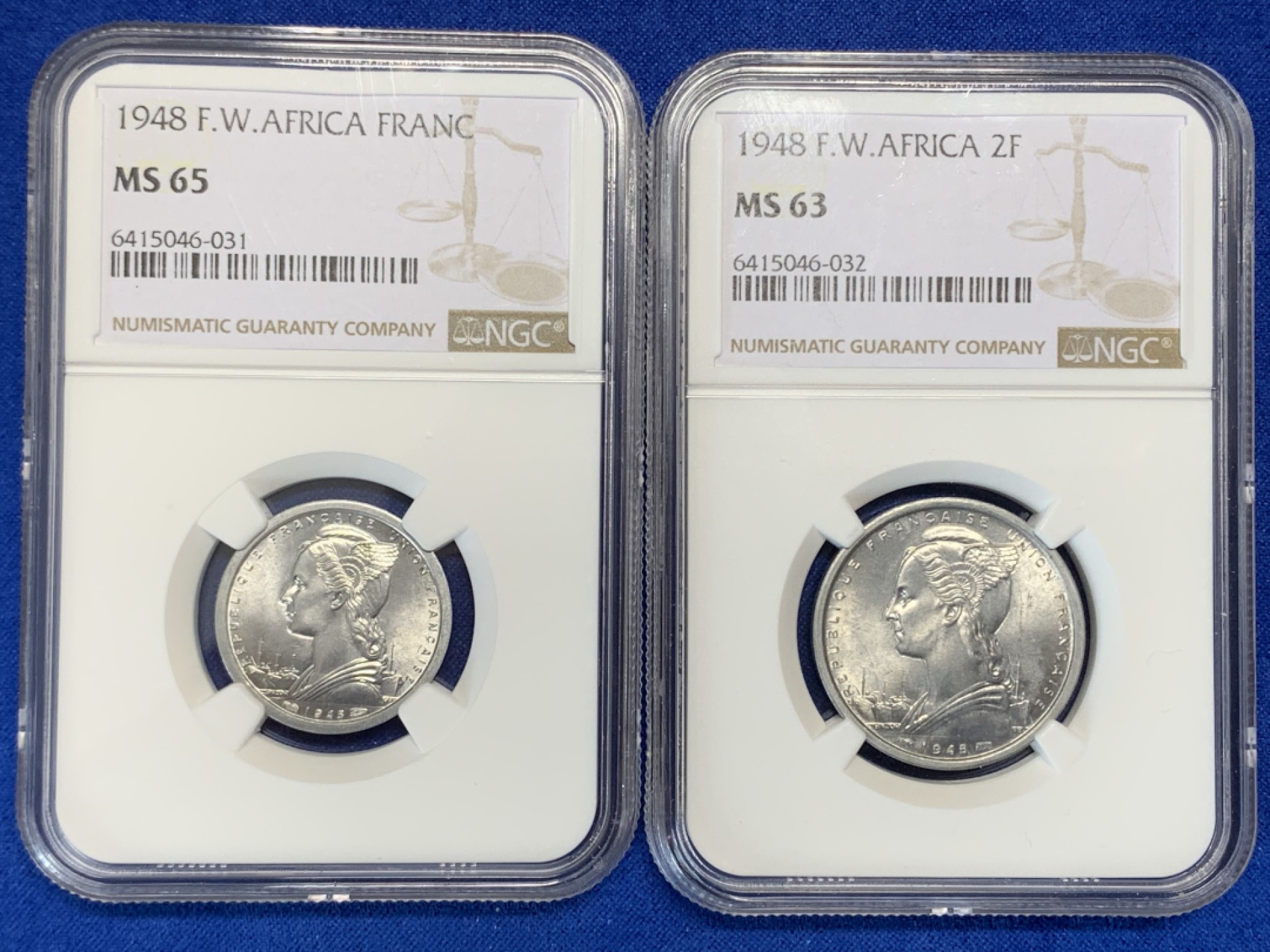 《竞宝斋》第150场-周日，周一，周四 3场 (全场包邮) NGC-MS63和NGC-MS65 法属西非1948年1法郎和2法郎1对，1法郎是亚军分，上面只有1枚66的