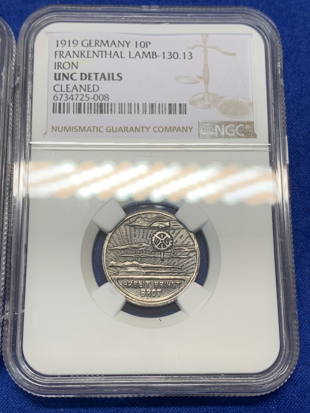 《竞宝斋》第150场-周日，周一，周四 3场 (全场包邮) NGC-UNC 德国 德紧两枚 1920年维滕铝币10芬尼+1919年弗兰肯塔尔铁币10芬尼，严评无明显瑕疵，设计端庄典雅+主义的碰撞