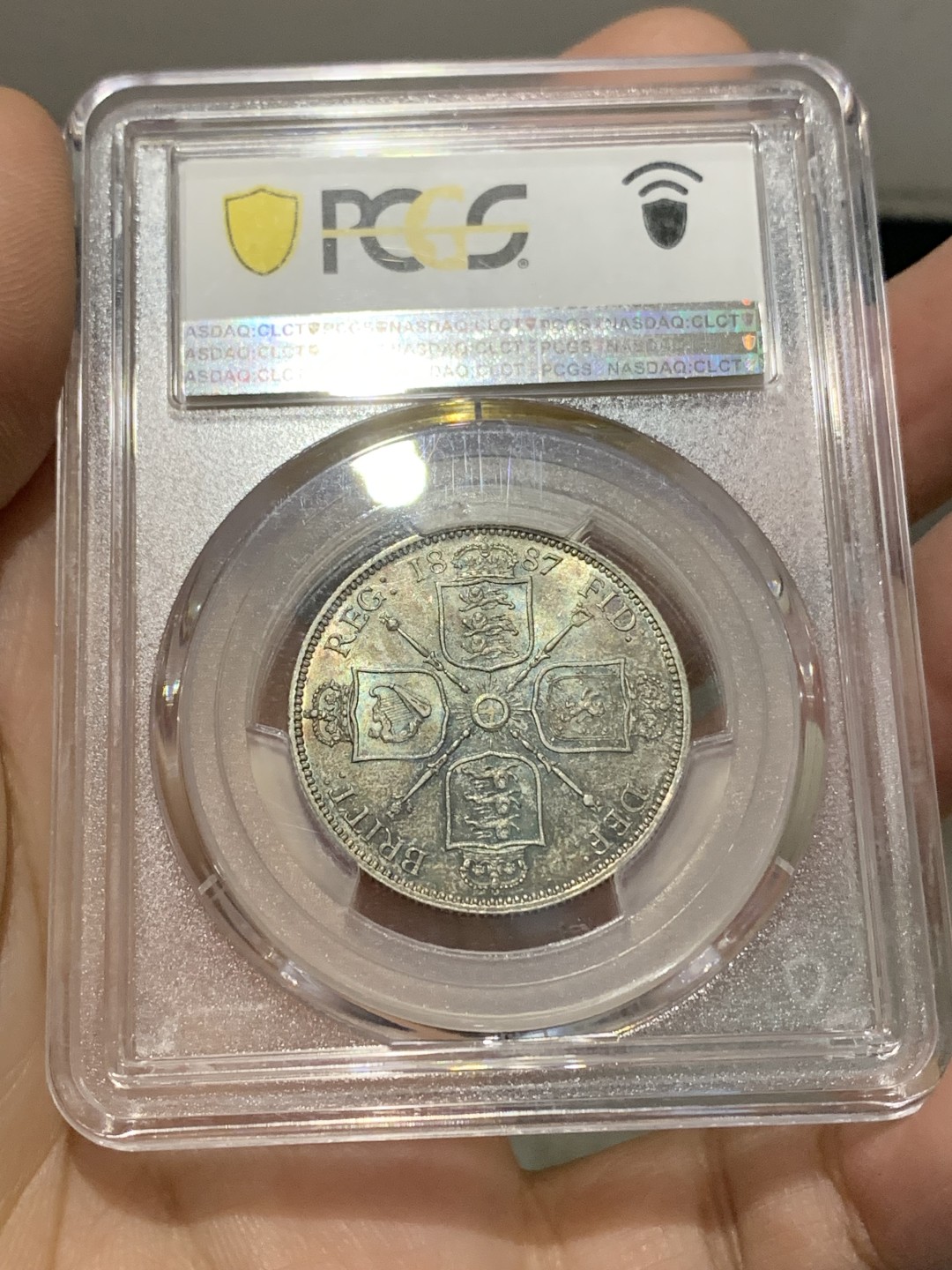 《竞宝斋》第150场-周日，周一，周四 3场 (全场包邮) PCGS MS64 英国 1887 维多利亚女王 1福林银币 炫彩包浆 地板好似星空 美丽