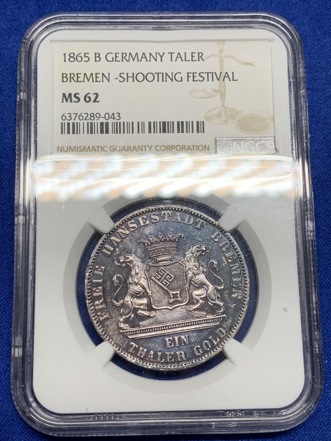 《竞宝斋》第150场-周日，周一，周四 3场 (全场包邮) NGC-MS62 德国1865年不来梅射击节1泰勒 银币黑彩包浆 难得