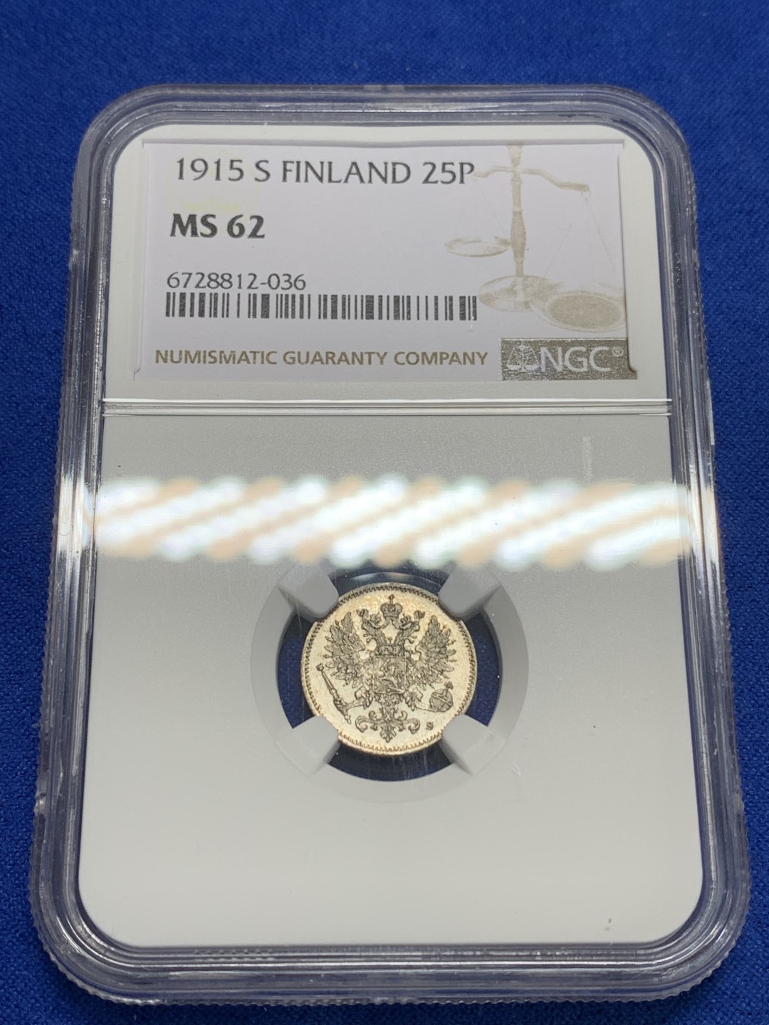 《竞宝斋》第150场-周日，周一，周四 3场 (全场包邮) NGC-MS62 俄属芬兰1915年 双头鹰25P银币 原光好品