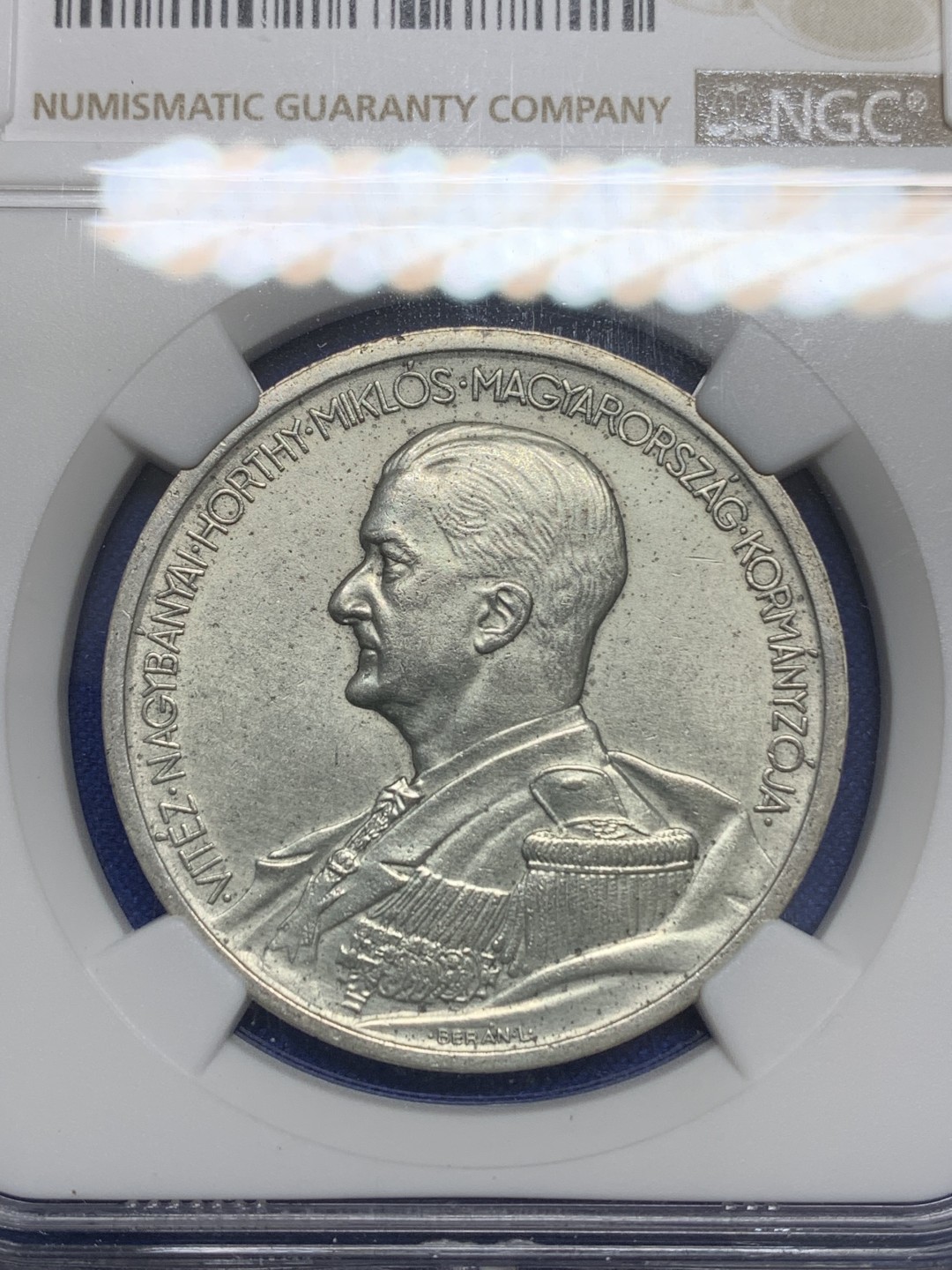 《竞宝斋》第150场-周日，周一，周四 3场 (全场包邮) NGC-AU 1939A匈牙利海军上将霍尔蒂5潘果银币，上涨品种