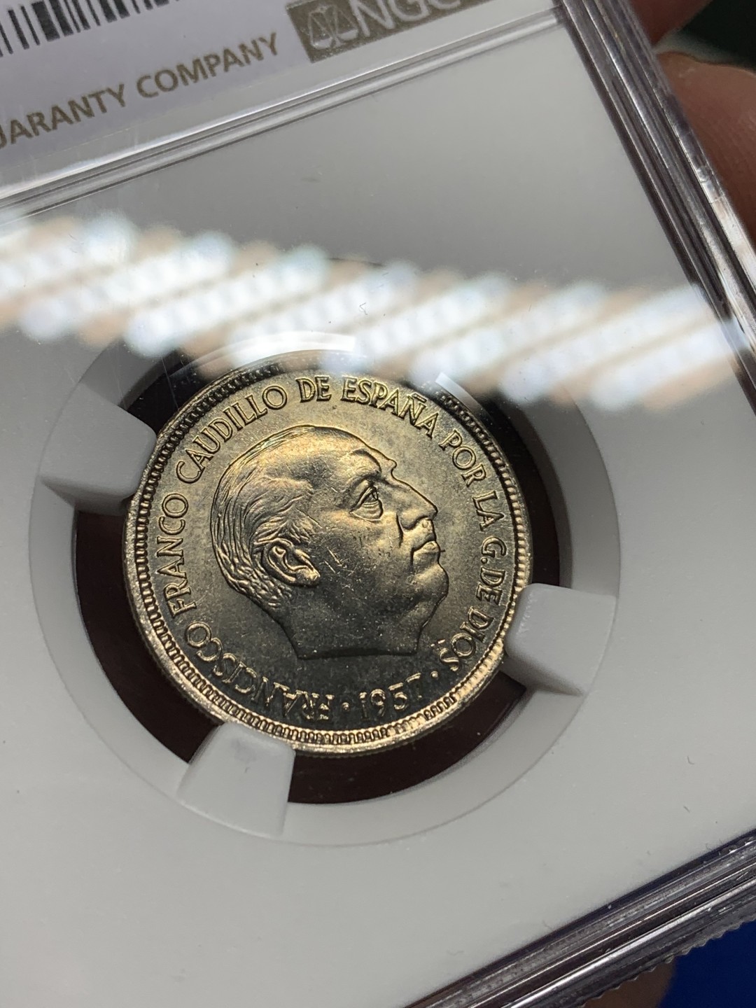 《竞宝斋》第150场-周日，周一，周四 3场 (全场包邮) NGC-MS64 西班牙1957年 佛朗哥5比塞塔 镍币