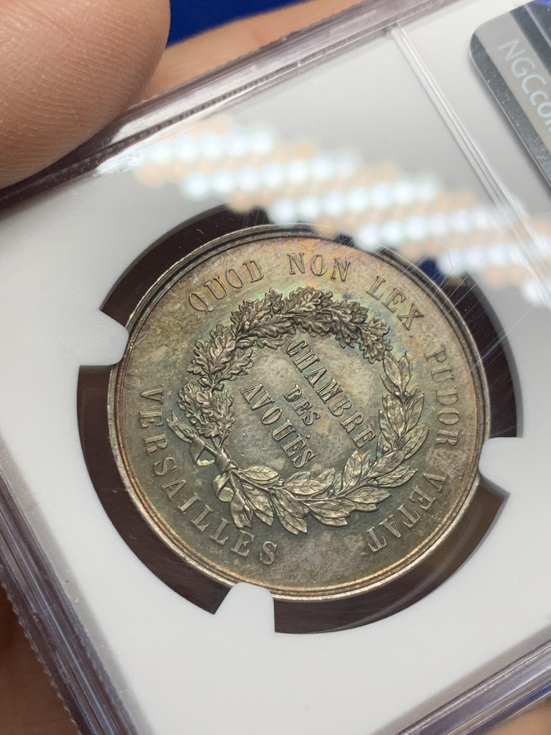 《竞宝斋》第150场-周日，周一，周四 3场 (全场包邮) NGC-MS63 法国十九世纪 凡尔赛宣言 大银章 五彩包浆 非常漂亮