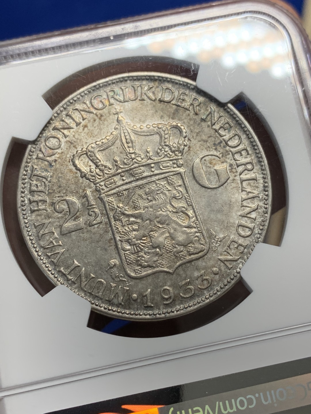 《竞宝斋》第150场-周日，周一，周四 3场 (全场包邮) NGC-AU58 荷兰 1933 2.5盾银币 威廉明娜女王