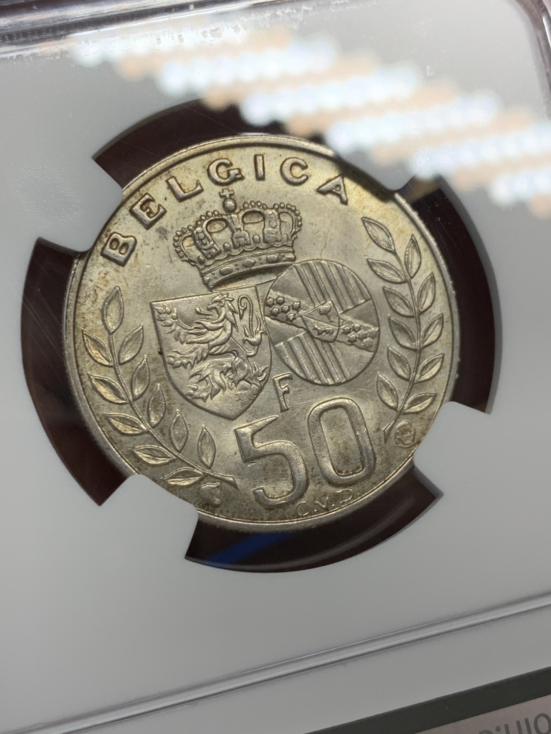 《竞宝斋》第150场-周日，周一，周四 3场 (全场包邮) NGC-MS63 比利时1960年 金婚纪念 50法郎银币