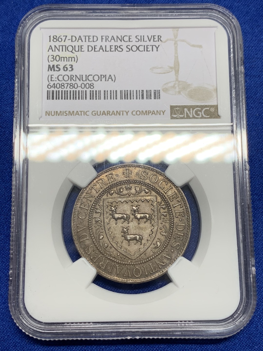 《竞宝斋》第150场-周日，周一，周四 3场 (全场包邮) NGC-MS63 法国1867年 三羊开泰盾徽 圆形JETON 顶级品相 五彩包浆