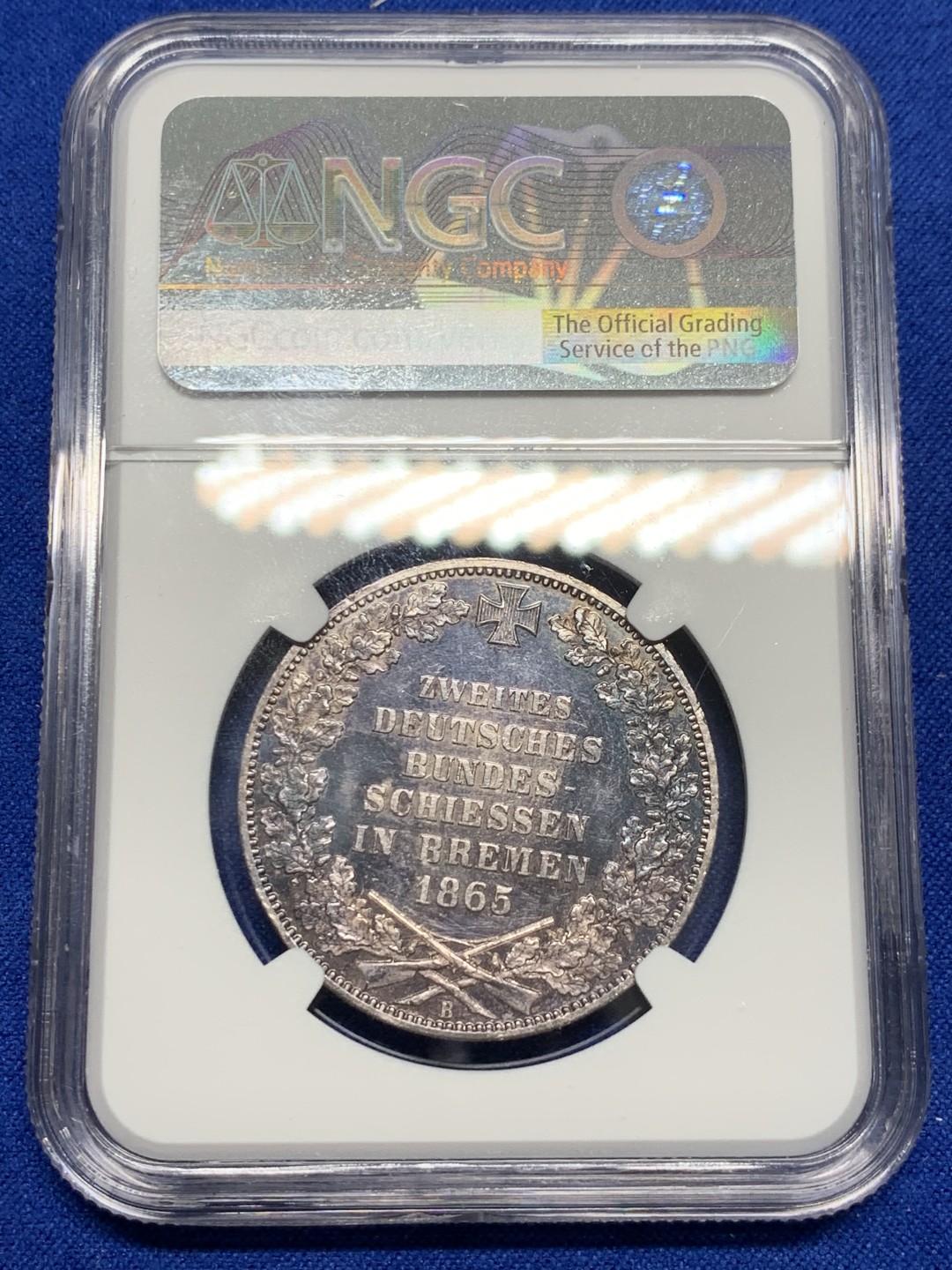 《竞宝斋》第150场-周日，周一，周四 3场 (全场包邮) NGC-MS62 德国1865年不来梅射击节1泰勒 银币黑彩包浆 难得