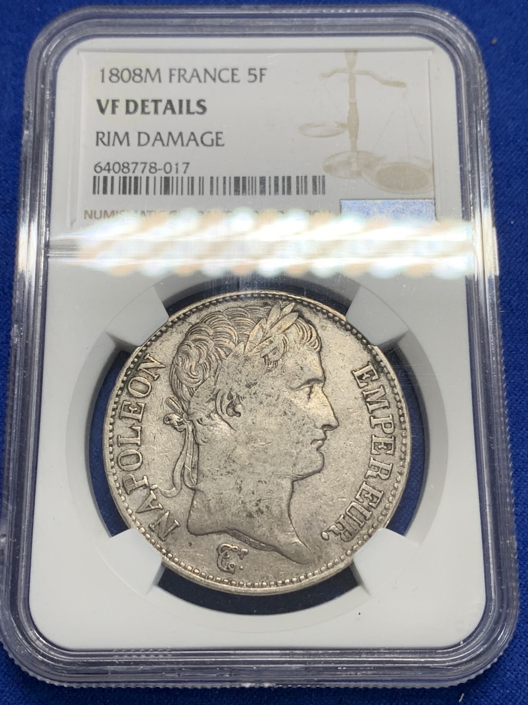 《竞宝斋》第150场-周日，周一，周四 3场 (全场包邮) NGC-VF 法国1808-M年 拿破仑一世 5法郎大银币 少见厂名