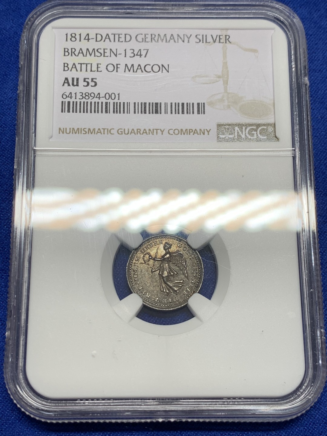 《竞宝斋》第150场-周日，周一，周四 3场 (全场包邮) NGC-AU55 德国1814年 梅肯战役纪念 女天使图案 印章 罕见品种