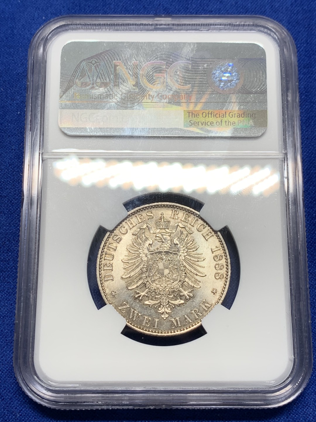 《竞宝斋》第150场-周日，周一，周四 3场 (全场包邮) NGC-MS63 德国1888年 三皇之年2马克银币 顶级品相 车轮转光