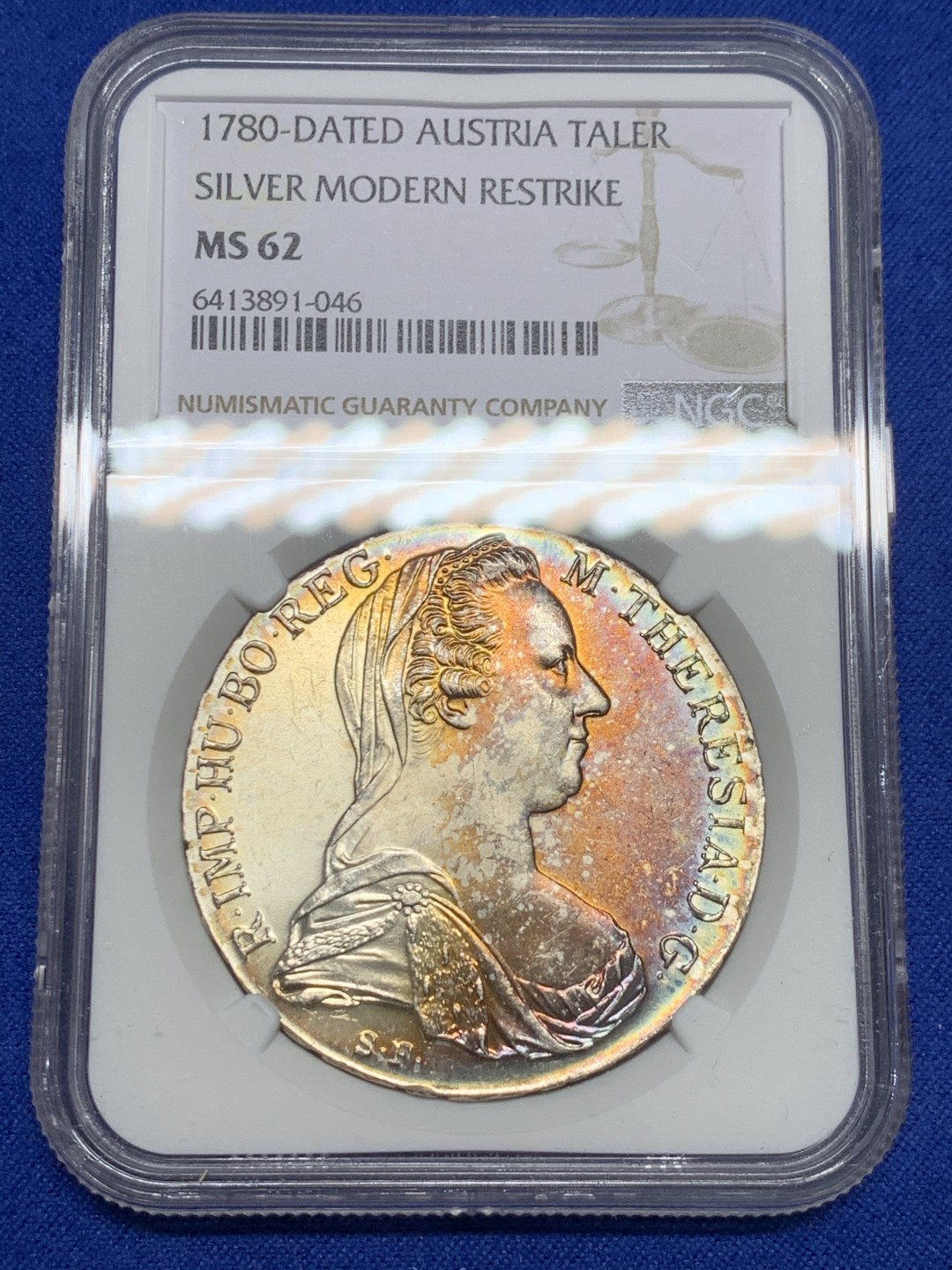 《竞宝斋》第150场-周日，周一，周四 3场 (全场包邮) NGC-MS62 奥地利1780年 大奶妈1泰勒大银币 五彩包浆