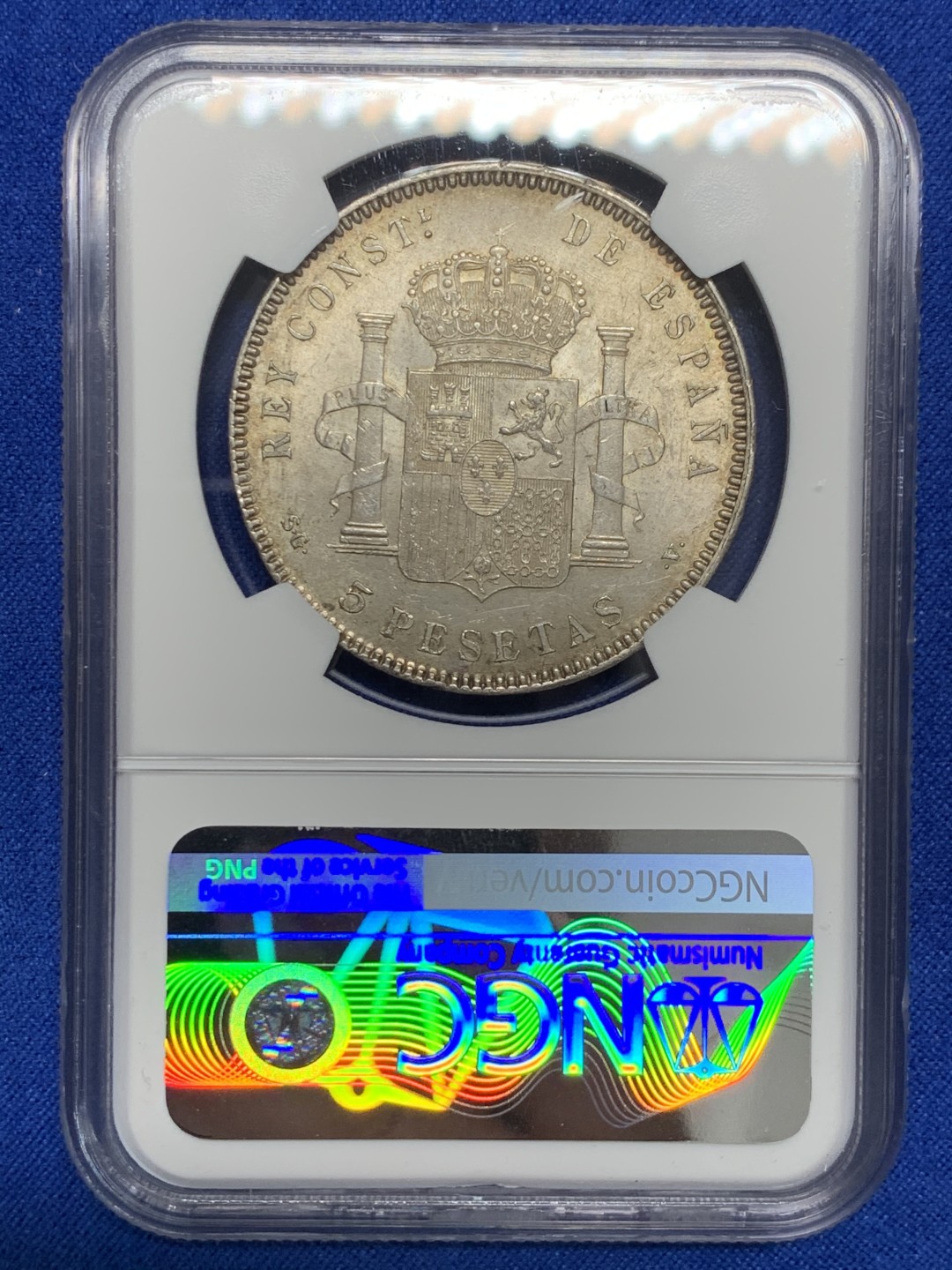 《竞宝斋》第150场-周日，周一，周四 3场 (全场包邮) NGC-MS62 西班牙1899年 阿方索十三世 5比塞塔双柱大银币 顶级品相 带光