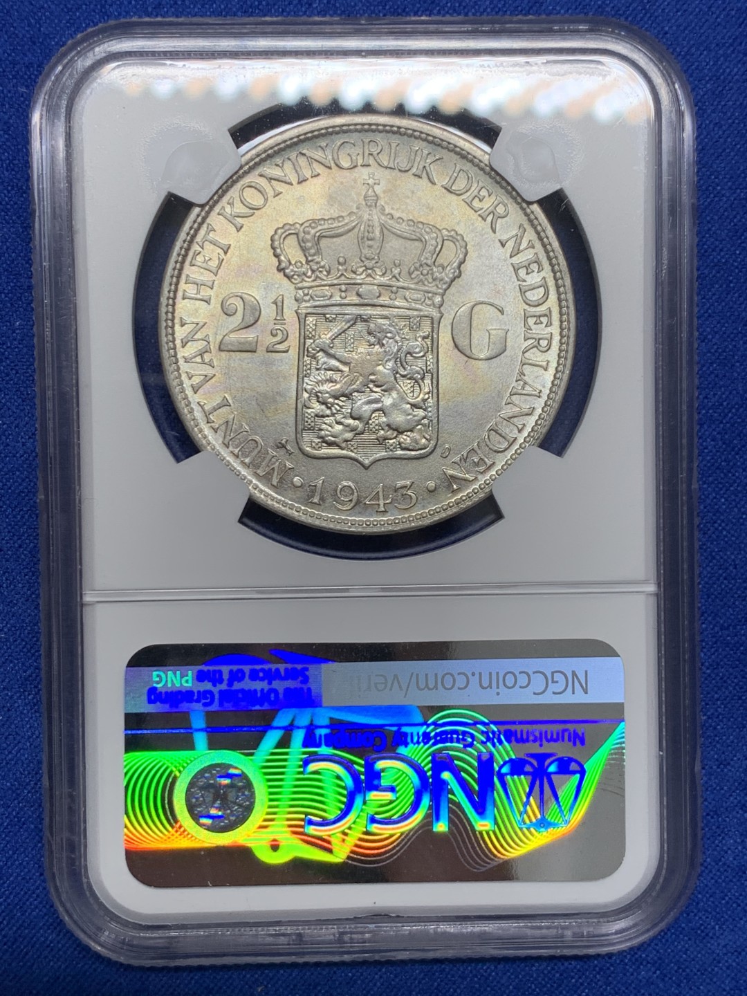 《竞宝斋》第150场-周日，周一，周四 3场 (全场包邮) NGC-MS63 荷属东印度 1943年 威廉米娜女王 2.5大银币 殖民地系列