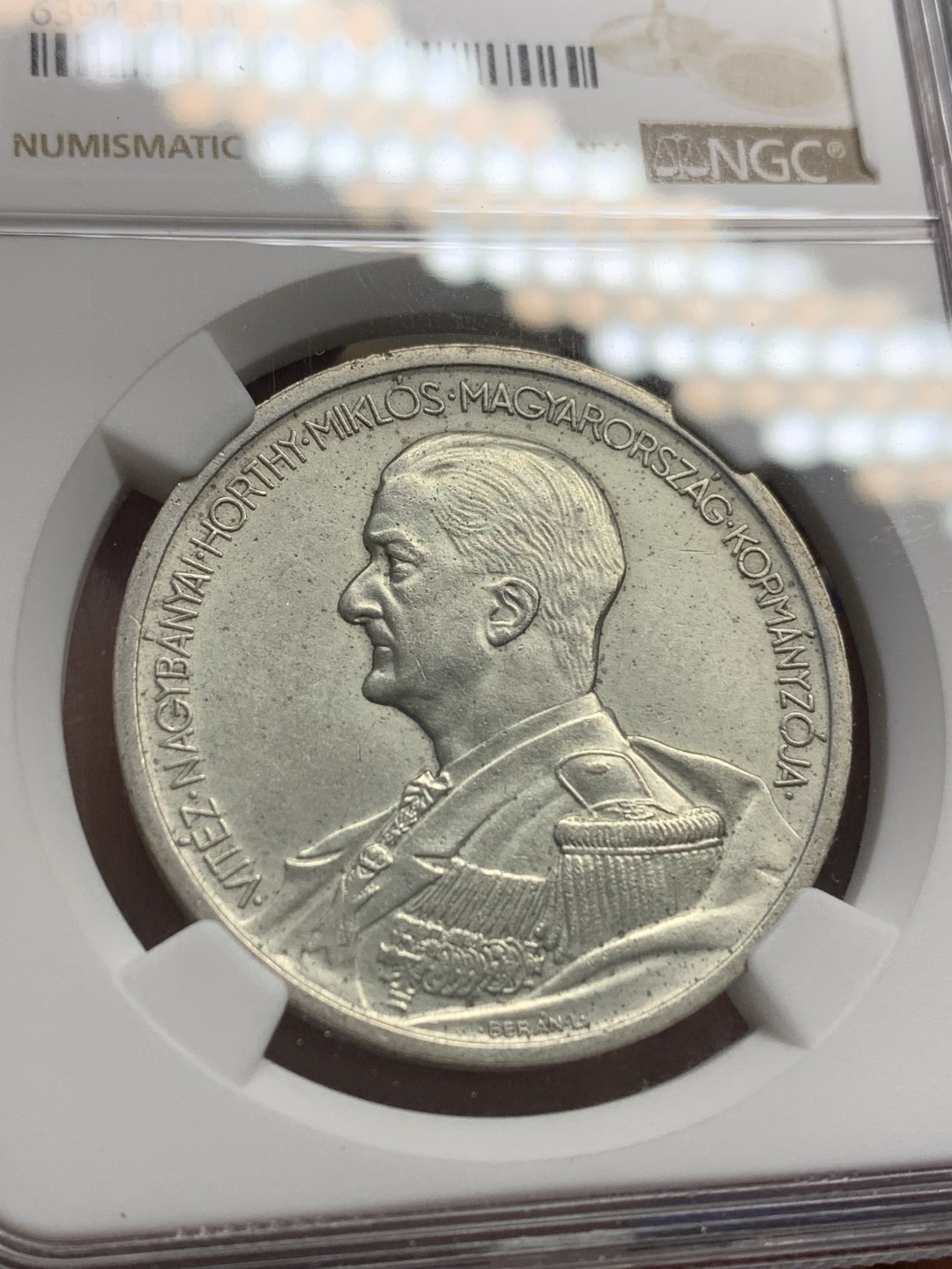 《竞宝斋》第150场-周日，周一，周四 3场 (全场包邮) NGC-AU 1939A匈牙利海军上将霍尔蒂5潘果银币，上涨品种