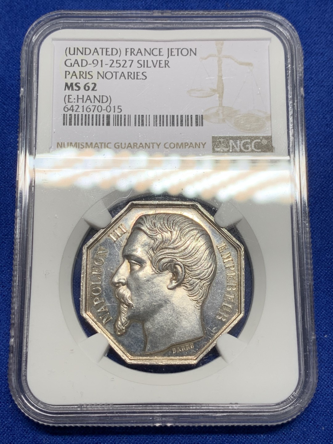 《竞宝斋》第150场-周日，周一，周四 3场 (全场包邮) NGC MS62 法国 拿三 巴黎公证 银质八角代币