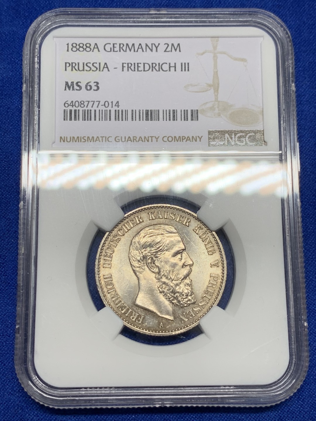 《竞宝斋》第150场-周日，周一，周四 3场 (全场包邮) NGC-MS63 德国1888年 三皇之年2马克银币 顶级品相 车轮转光