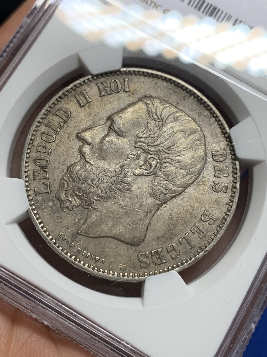 《竞宝斋》第150场-周日，周一，周四 3场 (全场包邮) NGC-AU58 比利时1873年 利奥波德二世 5法郎大银币 五彩包浆