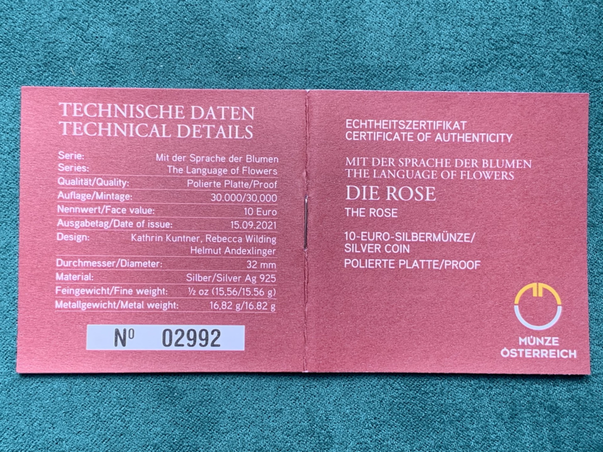 《竞宝斋》第150场-周日，周一，周四 3场 (全场包邮) 奥地利 10欧元 彩色玫瑰花语精制银币 原盒原证 热门题材 寓意美好可送恋人 无刮痕无白斑