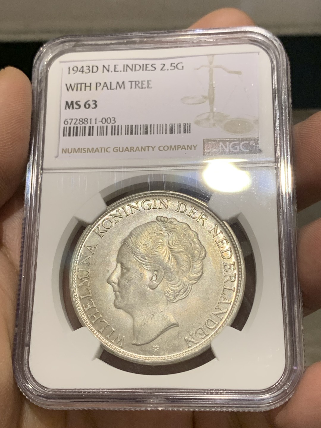 《竞宝斋》第150场-周日，周一，周四 3场 (全场包邮) NGC-MS63 荷属东印度 1943年 威廉米娜女王 2.5大银币 殖民地系列