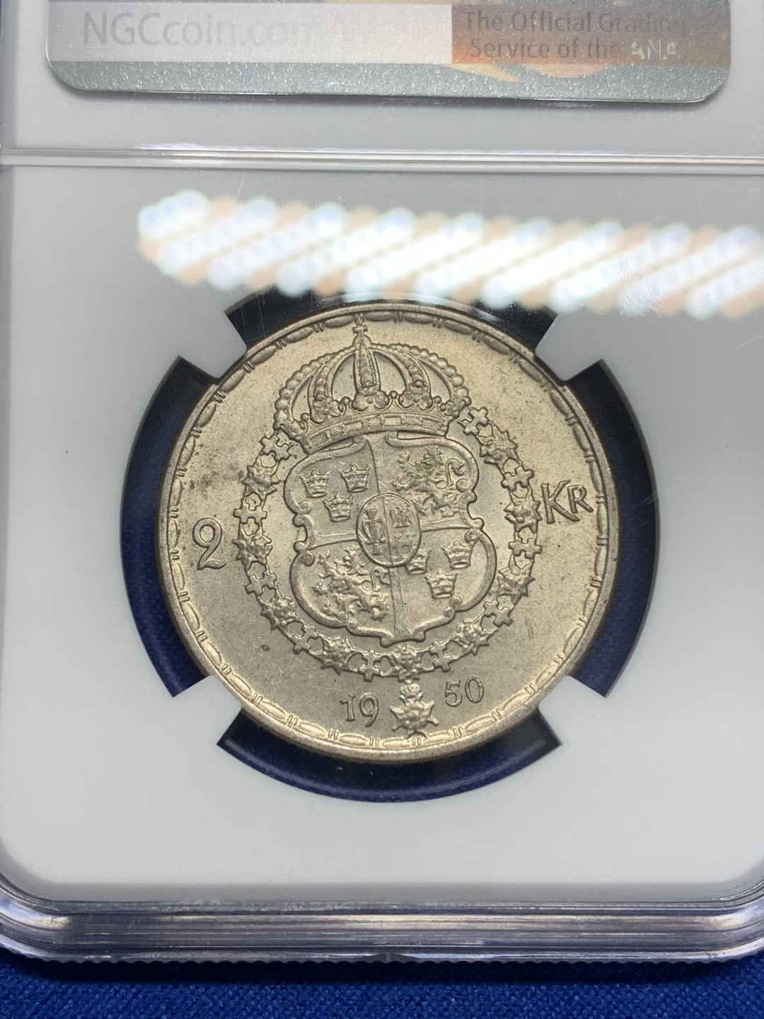 《竞宝斋》第150场-周日，周一，周四 3场 (全场包邮) NGC MS63 1950年瑞典古斯塔夫五世2克朗银币，在世最后一年，关门币