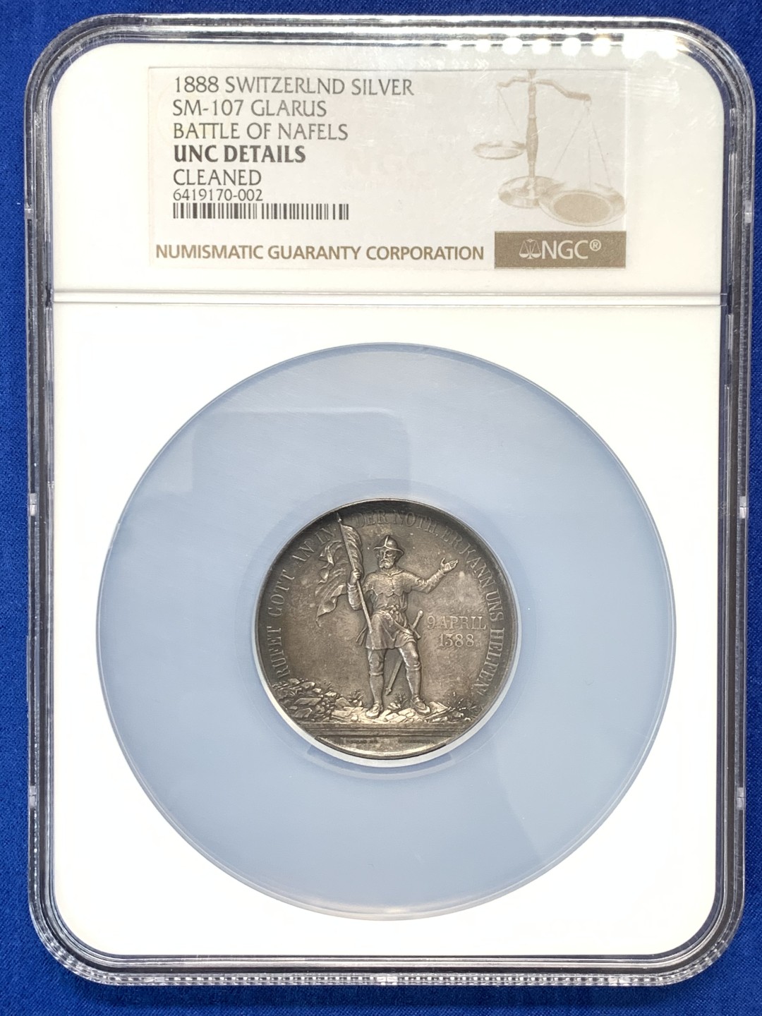 《竞宝斋》第150场-周日，周一，周四 3场 (全场包邮) NGC UNC 瑞士 1888 格拉鲁斯战役 纪念大银章